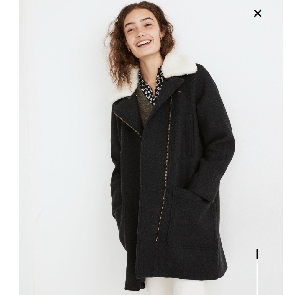 Madewell Estate Cocoon Coat Black Wool Blend Asymmetric Zip MA312 XL